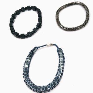 Lot Of 3  Goth Black Link Metal + Beaed Bracelets